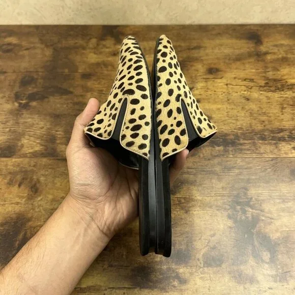 Jenni Kayne Cheetah Print Mules Size 39 Pony Hair Slip On Pointed Toe Flats - Picture 10 of 16